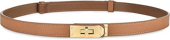 ANHAISHUILV Women's Skinny Leather Belt with Adjustable Golden Turn-Lock Buckle - Ideal for Dresses, Jeans, and Coats, Caramel